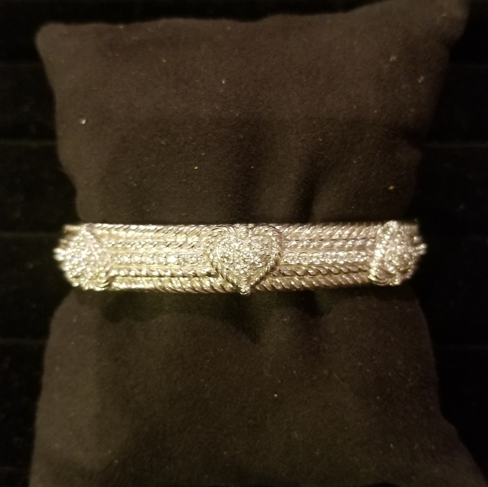 Judith Ripka Sterling Silver Heart TrioCubiCubic Zirconia  Hinged Cuff Bracelet